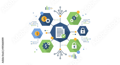 Secure Digital Contract Management Network. Financial Automation, FinTech, and Data Security Flow Diagram.