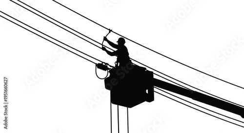 A lineman works on high voltage power lines from a bucket truck creating a stark silhouette high quality professional detailed modern elegant