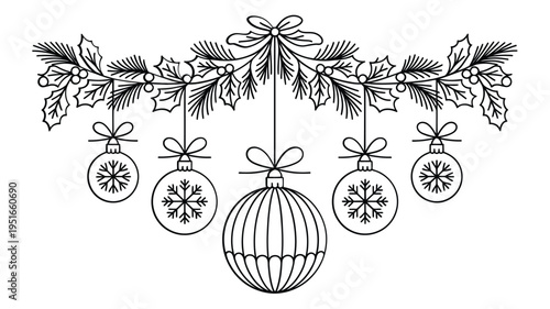 Festive christmas decoration with holly ornaments and a botanical design