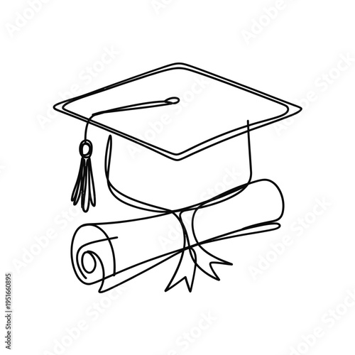 Line drawing depicts a graduation cap resting on a rolled diploma