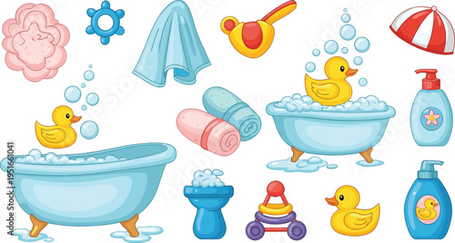Baby Bath Time Accessories with Rubber Ducks, Bathtubs, Towels, and Baby Products Illustration