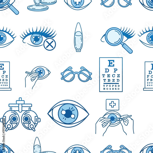 A repeating pattern showcases various blue line icons related to ophthalmology, featuring eyes, magnifying glasses, eye charts, contact lenses, and vision testing equipment.