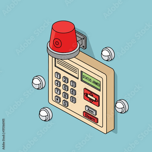 Isometric view of a security alarm system with sensors and a siren.