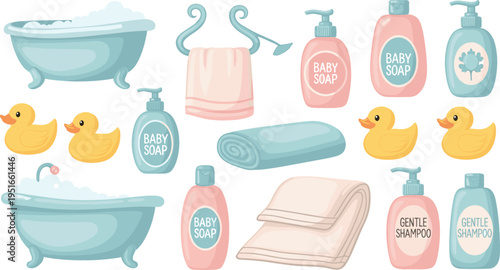 Baby Bath Time Essentials Set with Bathtubs, Towels, Rubber Ducks, and Baby Products Illustration