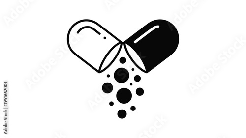 Black and white illustration of an opened capsule releasing small pellets