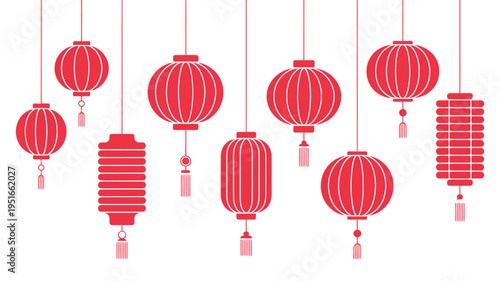 Red paper lanterns hanging in a decorative arrangement against a white background