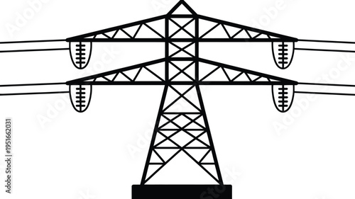 Black and white illustration of a high voltage electricity transmission tower