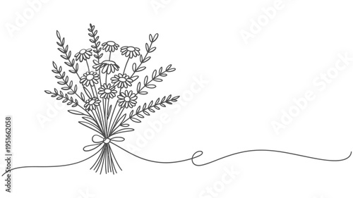 A delicate hand drawn illustration of a wildflower bouquet with a flowing ribbon