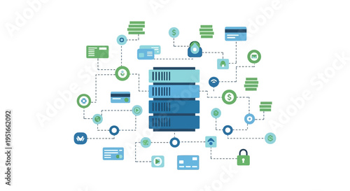 Server Data Network Diagram: Digital Security, Cloud Storage, and Payment Processing Flowchart Illustration