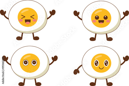 Set of cute cartoon fried egg characters with happy smiling faces and waving hands isolated on white background,