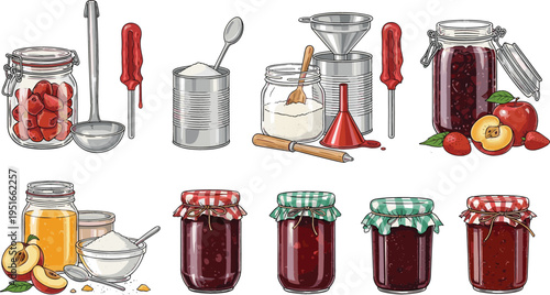 Fruit Jam Making Process with Jars, Ingredients, and Canning Tools for Homemade Preserves Illustration