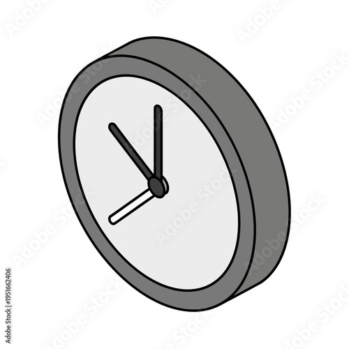 An isometric view of a simple analog clock with a gray frame and white face.