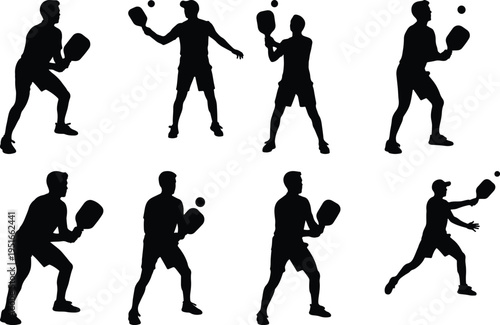 Vector silhouettes of men and women engaged in pickleball, showcasing diverse playing styles and actions.