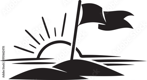 A minimalist depiction of a golf hole with a flag waving above a green using a striking silhouette high quality