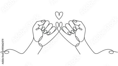 Two hands forming a heart shape with a continuous line drawing
