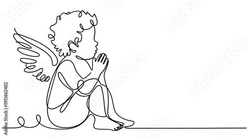 Line drawing of a serene angel child in a praying pose