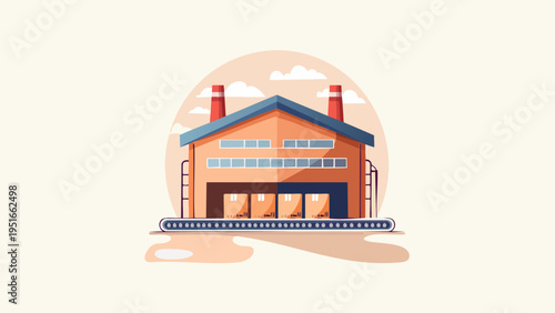Modern industrial factory building illustration depicting manufacturing, production, and logistics operations with a conveyor belt moving products, symbolizing efficiency and delivery