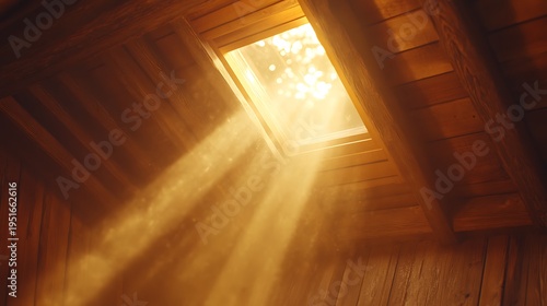 Golden Sunlight Beams Through Attic Skylight into Dusty Wooden Room.
