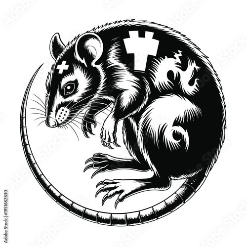 Detailed illustration of a black rat with medical cross markings