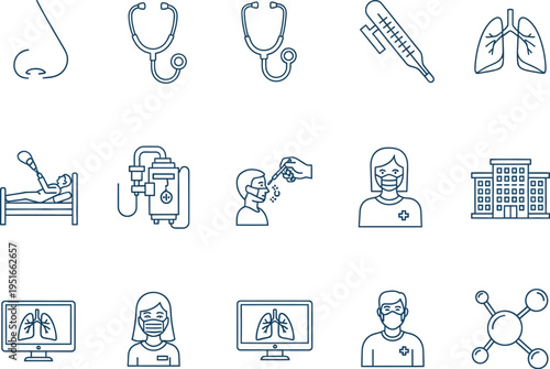 A collection of medical line icons depicts various aspects of respiratory health, patient care, diagnosis, and hospital settings.