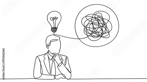 A man contemplates a tangled mess of lines emerging from a lightbulb