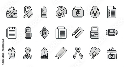 Collection of office supply icons in a simple line art style.