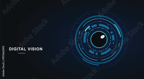 Digital vision technology background featuring a futuristic blue glowing eye interface with circular HUD elements for cybersecurity and artificial intelligence concepts.