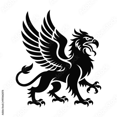 A black and white illustration of a majestic griffin in profile