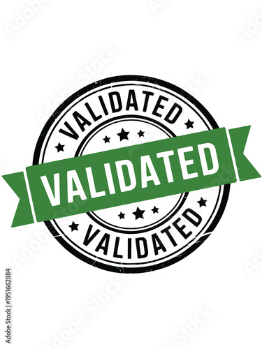 A circular validated stamp with a green ribbon banner illustration