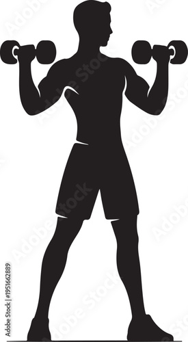 A muscular man is depicted lifting dumbbells in a strong pose rendered as a striking silhouette high quality professional detailed