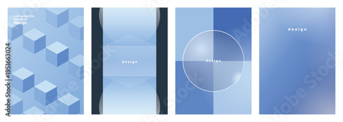 Set of blue geometric abstract designs featuring 3D cubes glass spheres and gradient backgrounds suitable for minimalist architectural and design portfolios.