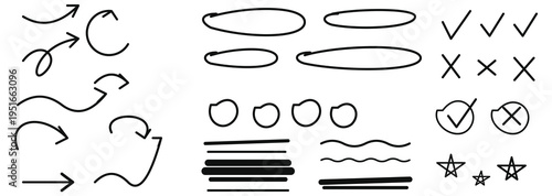 Hand drawn black ink arrows circles check marks and underline elements for highlighting text and creating a casual doodle style presentation.