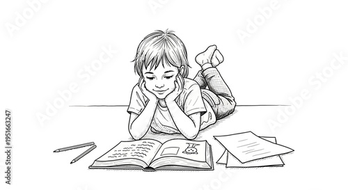 Young child engrossed in reading a book on the floor.