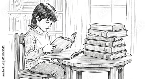 Young child engrossed in reading a book at a table.