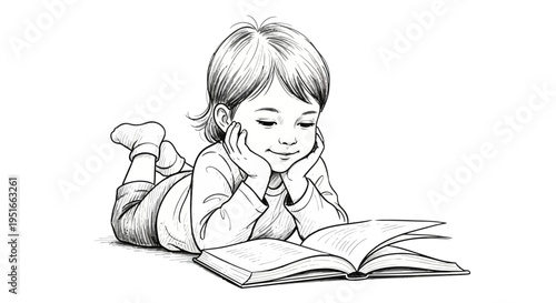 Young child engrossed in reading a book while lying down.