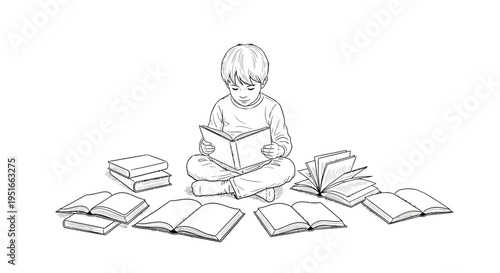 Young child engrossed in reading a book surrounded by many books.
