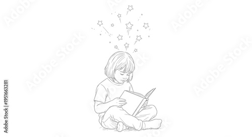 Young child engrossed in reading a book with sparkling ideas.