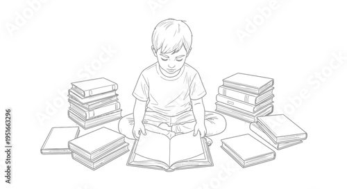 Young child engrossed in reading surrounded by books.