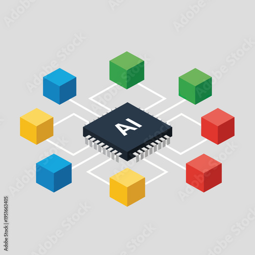 AI Chip with Connected Cubes - Artificial Intelligence Network Concept.