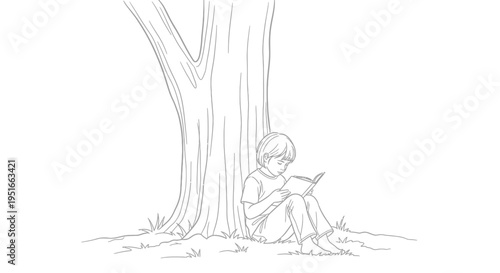 Young person engrossed in reading a book under a large tree.