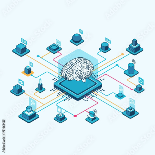 Isometric AI Brain Network - Artificial Intelligence and Machine Learning Concept.