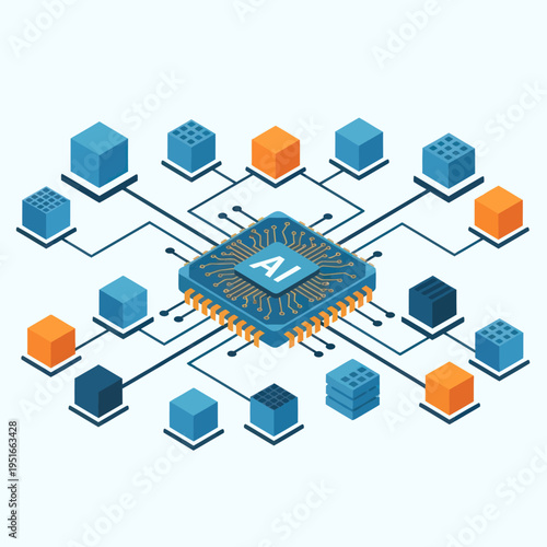 AI Neural Network - Central Processing Unit Connecting Data Cubes in Isometric View.