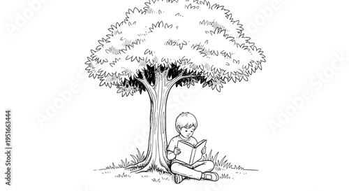 Young person reading a book under a large tree in nature.