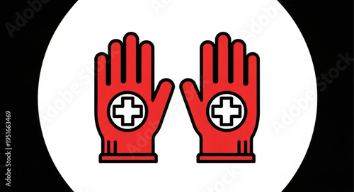 Red medical gloves with white cross symbol.