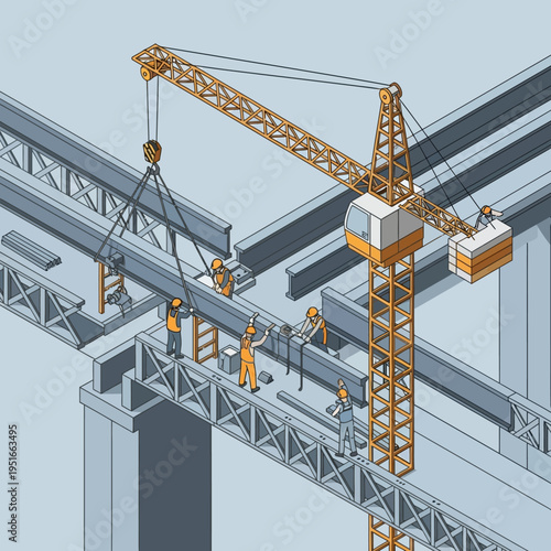 Isometric illustration of a construction site with a crane lifting a steel beam.