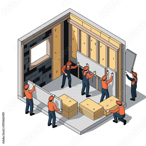 Isometric view of construction workers installing insulation and drywall in a building.