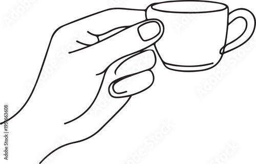 A minimalist line drawing depicts a hand delicately holding a small teacup presenting a simple silhouette high quality professional detailed