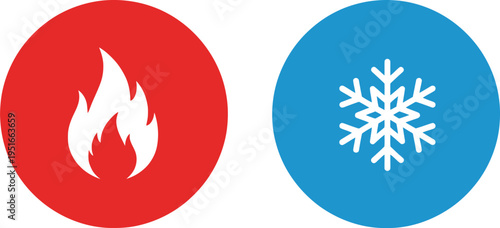 Circular icons illustrate contrasting concepts of extreme heat represented by fire and intense cold shown by a snowflake.