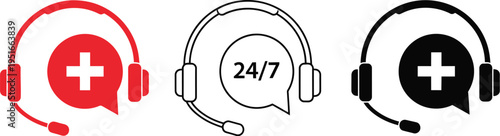 Three headset icons with speech bubbles depict medical support services available twenty-four seven.