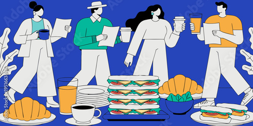 Corporate coffee break and networking event concept. Vector illustration of diverse business people talking near buffet table with breakfast food and drinks.